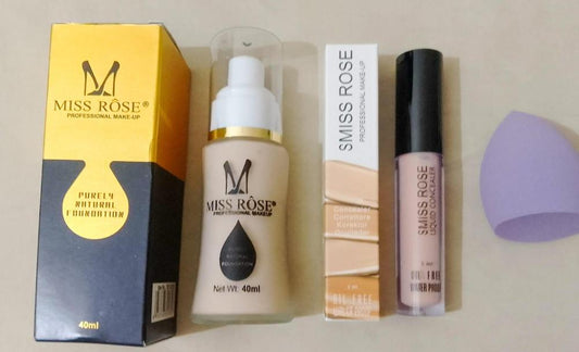 Miss Rose 3-in-1 Flawless Face Makeup Kit (Foundation, Concealer & Blender)