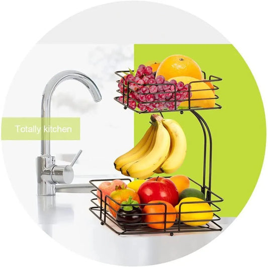 2 Tier Black Iron Fruit Basket For Kitchen