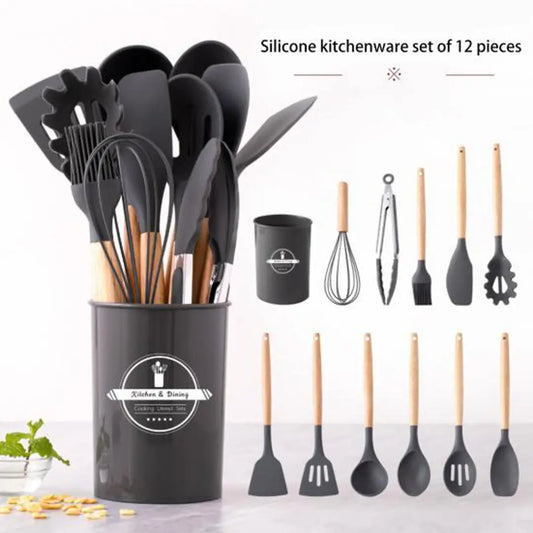Hihg Quality 12 pcs Silicone Kitchen Utensil Set With Wooden Handles Heat Resistance BPA Free non stick Cooking Tools