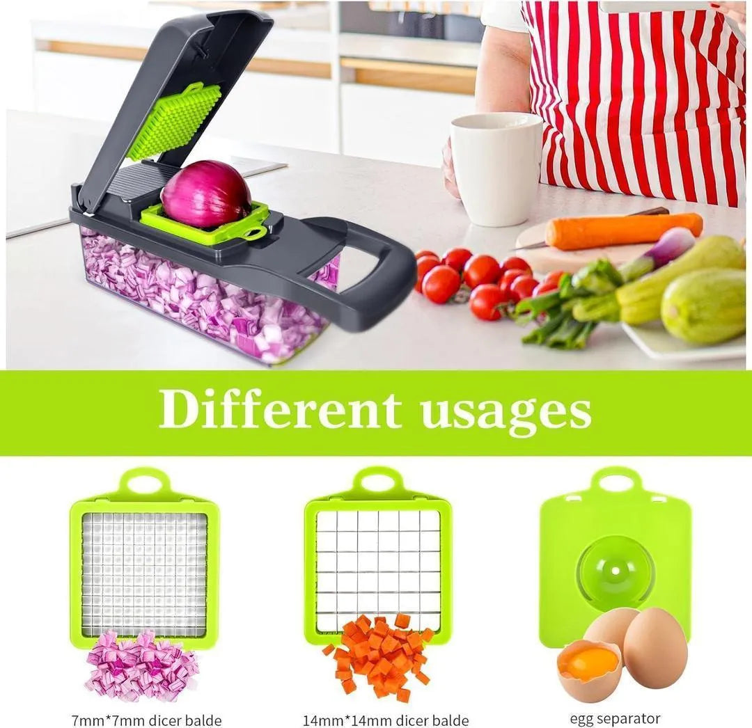 Multi Funtional vegetable cutter with 7 blades for easy slicing and dicing.