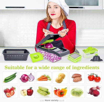 Multi Funtional vegetable cutter with 7 blades for easy slicing and dicing.