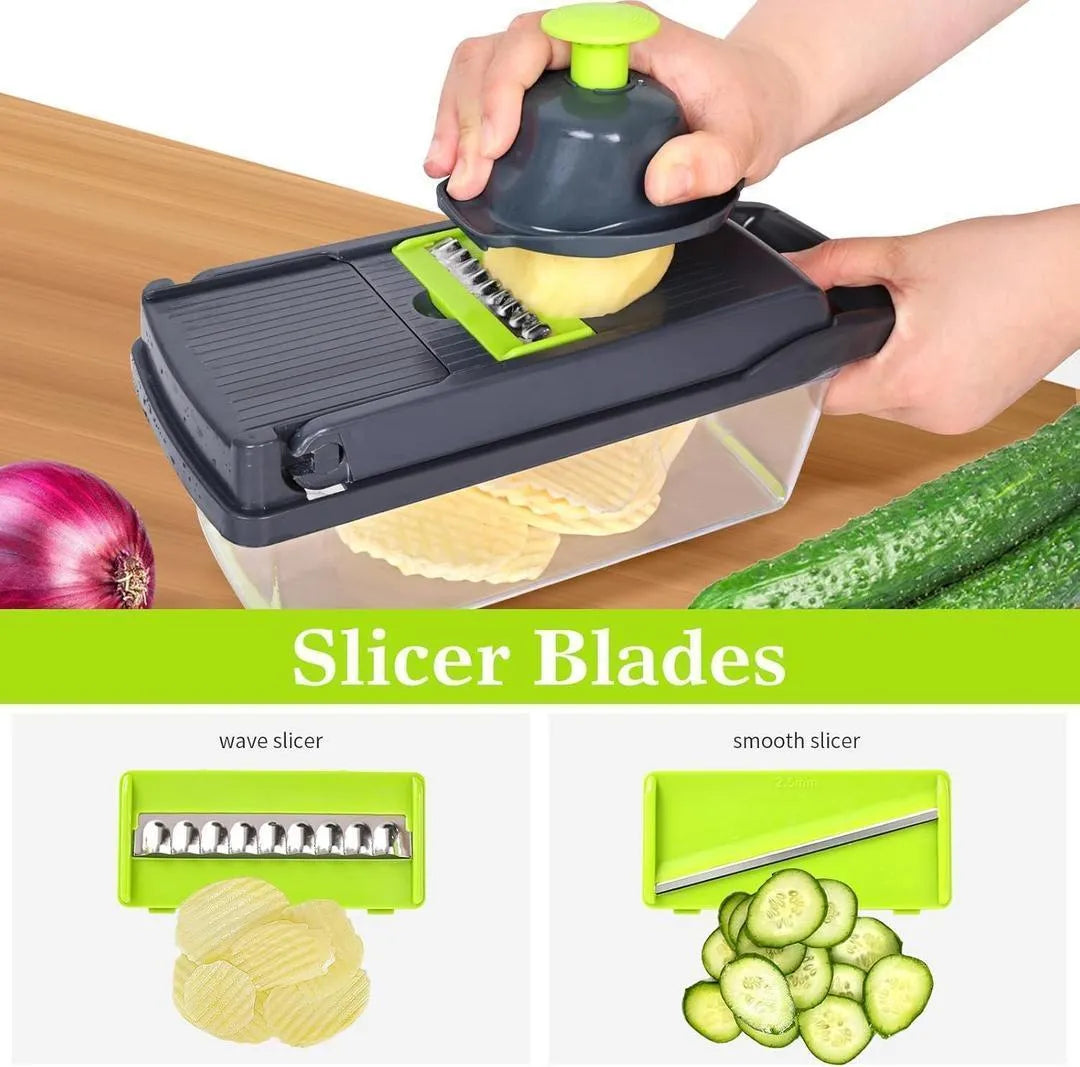 Multi Funtional vegetable cutter with 7 blades for easy slicing and dicing.