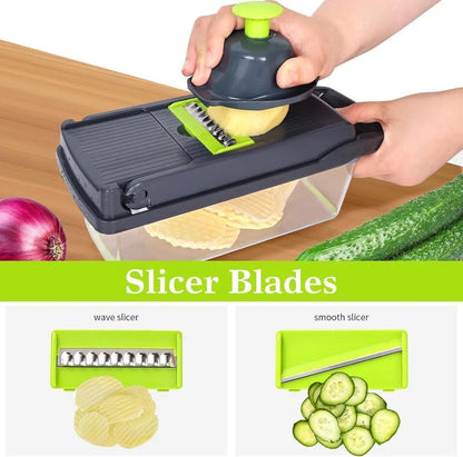 Multi Funtional vegetable cutter with 7 blades for easy slicing and dicing.