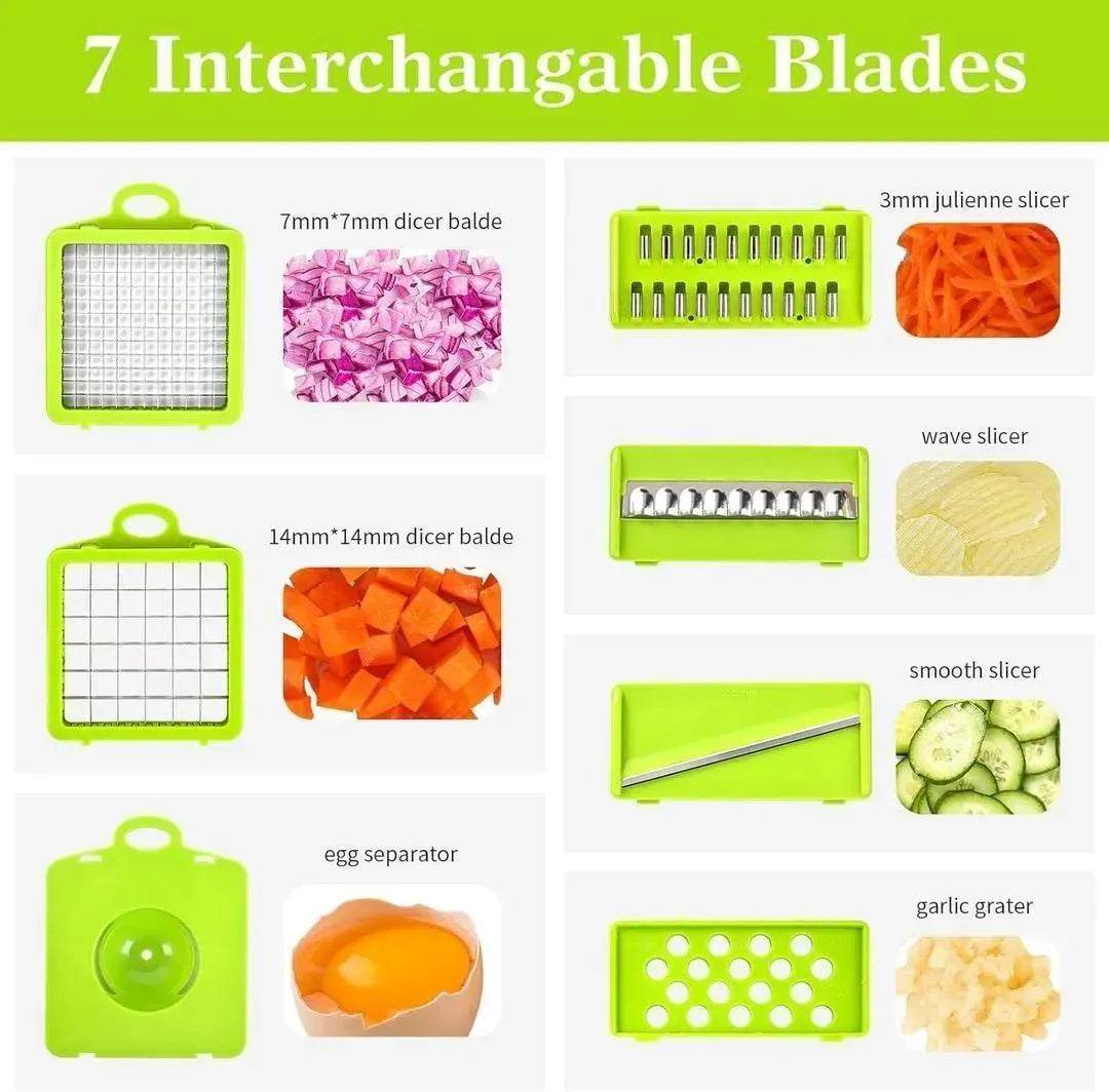 Multi Funtional vegetable cutter with 7 blades for easy slicing and dicing.