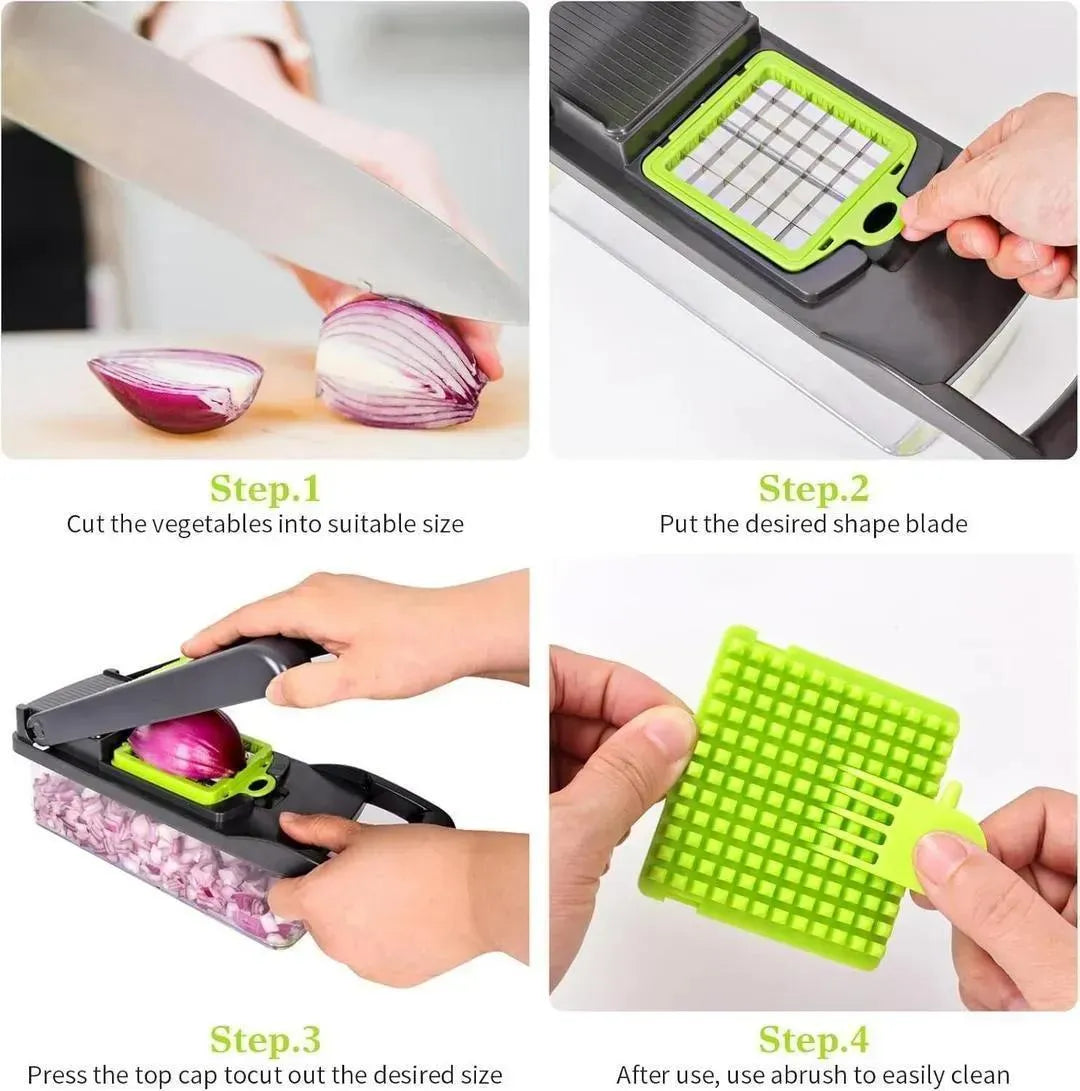 Multi Funtional vegetable cutter with 7 blades for easy slicing and dicing.