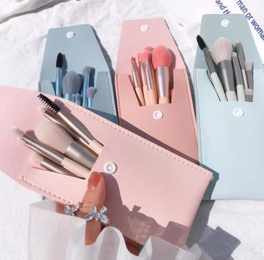 8-Piece Synthetic Makeup Brush Set with Pink Leather Travel Pouch