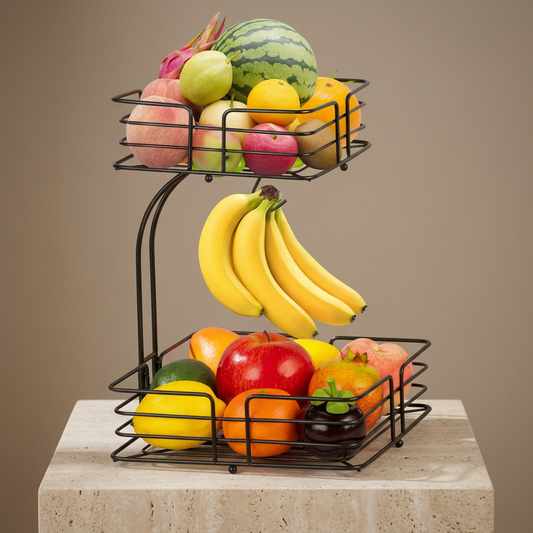 2 Tier Black Iron Fruit Basket For Kitchen
