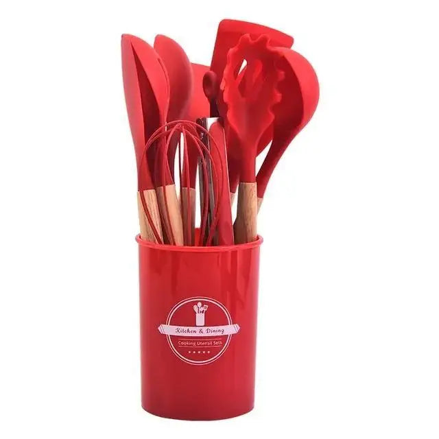 Hihg Quality 12 pcs Silicone Kitchen Utensil Set With Wooden Handles Heat Resistance BPA Free non stick Cooking Tools