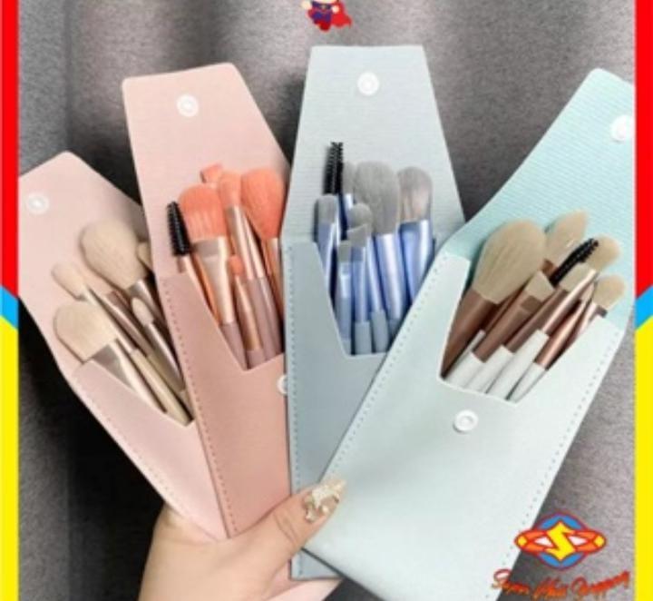 8-Piece Synthetic Makeup Brush Set with Pink Leather Travel Pouch