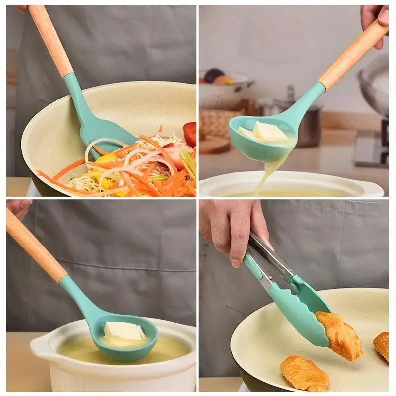 Hihg Quality 12 pcs Silicone Kitchen Utensil Set With Wooden Handles Heat Resistance BPA Free non stick Cooking Tools