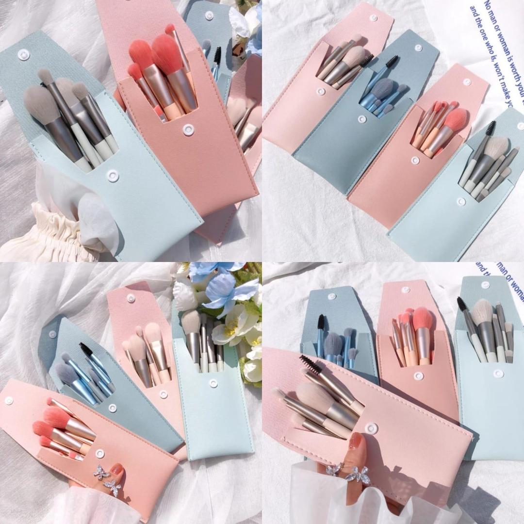 8-Piece Synthetic Makeup Brush Set with Pink Leather Travel Pouch