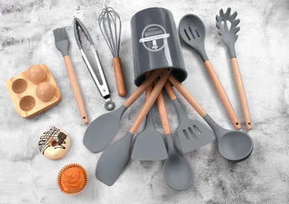 Hihg Quality 12 pcs Silicone Kitchen Utensil Set With Wooden Handles Heat Resistance BPA Free non stick Cooking Tools