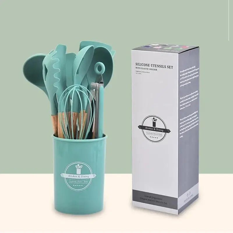 Hihg Quality 12 pcs Silicone Kitchen Utensil Set With Wooden Handles Heat Resistance BPA Free non stick Cooking Tools