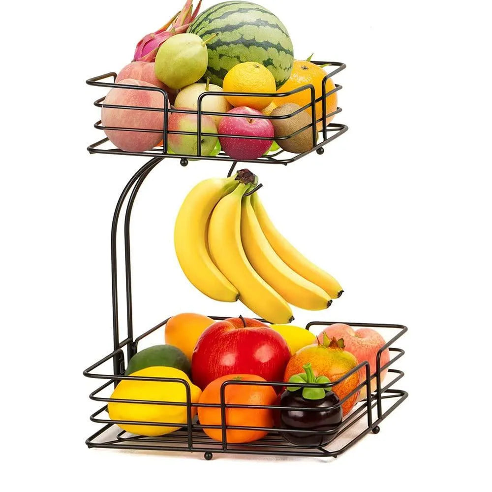 2 Tier Black Iron Fruit Basket For Kitchen