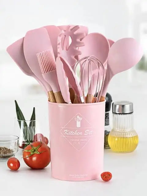 Hihg Quality 12 pcs Silicone Kitchen Utensil Set With Wooden Handles Heat Resistance BPA Free non stick Cooking Tools