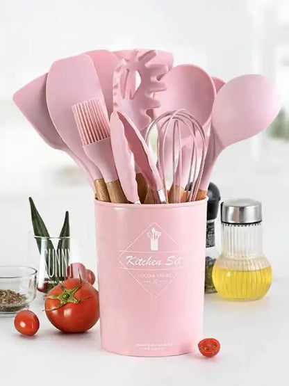 Hihg Quality 12 pcs Silicone Kitchen Utensil Set With Wooden Handles Heat Resistance BPA Free non stick Cooking Tools