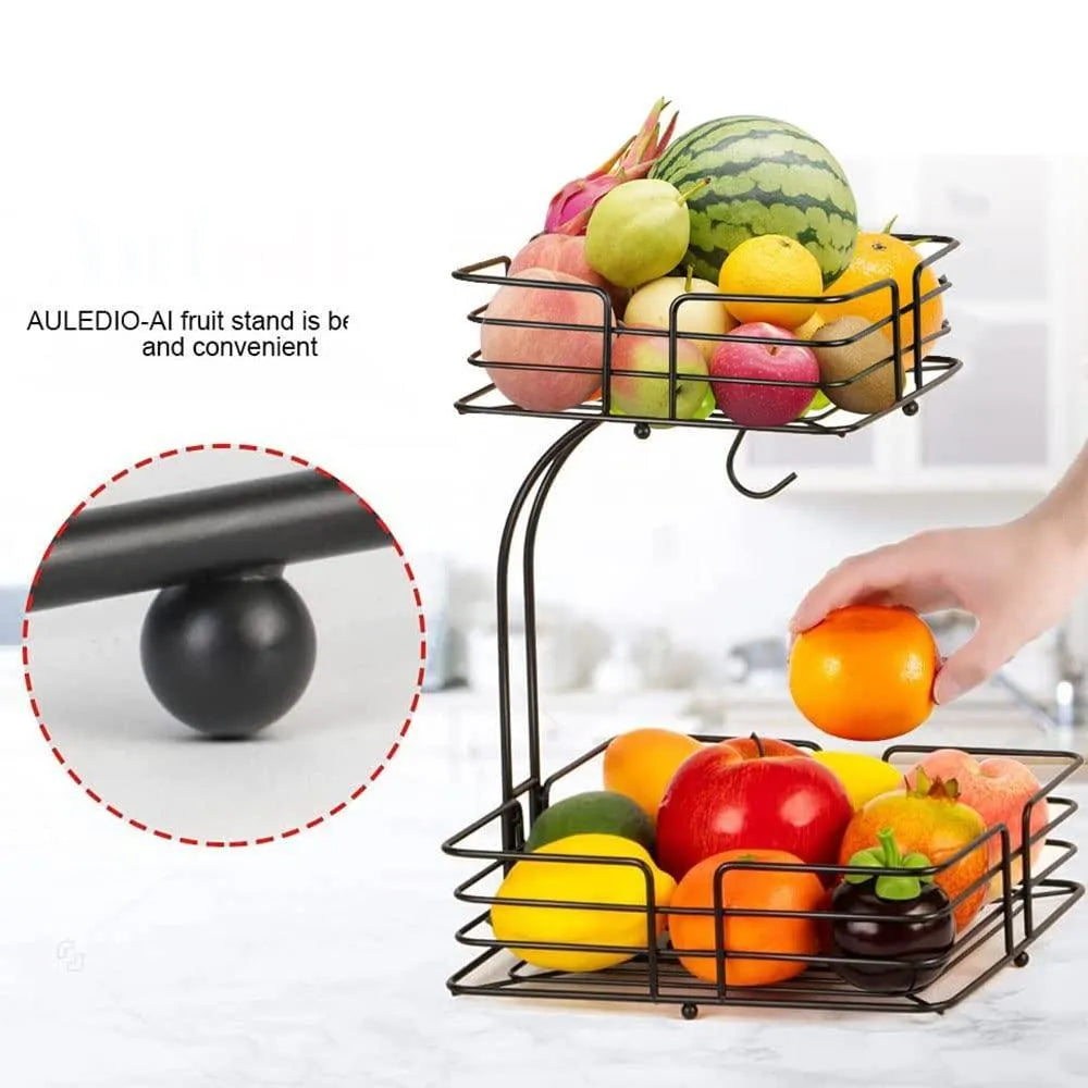 2 Tier Black Iron Fruit Basket For Kitchen