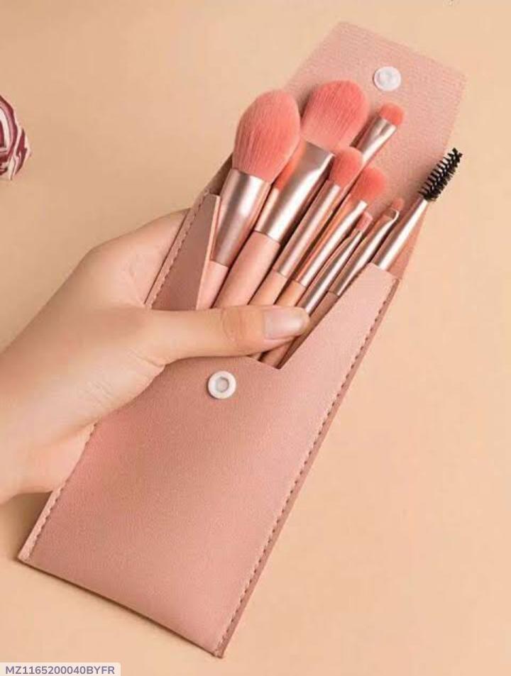 8-Piece Synthetic Makeup Brush Set with Pink Leather Travel Pouch