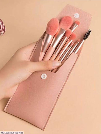 8-Piece Synthetic Makeup Brush Set with Pink Leather Travel Pouch