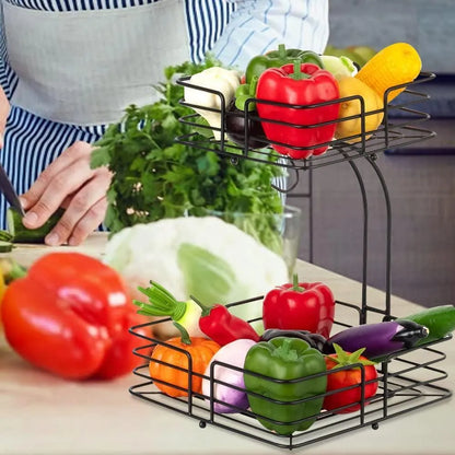 2 Tier Black Iron Fruit Basket For Kitchen