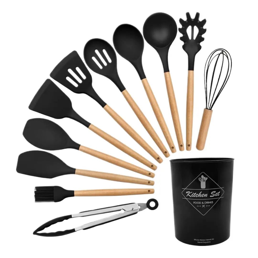 Hihg Quality 12 pcs Silicone Kitchen Utensil Set With Wooden Handles Heat Resistance BPA Free non stick Cooking Tools