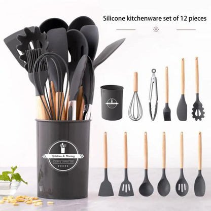 Hihg Quality 12 pcs Silicone Kitchen Utensil Set With Wooden Handles Heat Resistance BPA Free non stick Cooking Tools