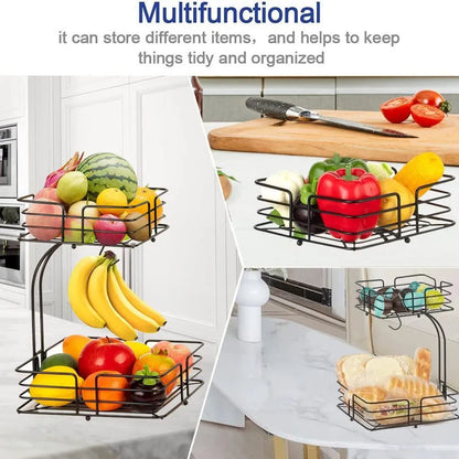 2 Tier Black Iron Fruit Basket For Kitchen