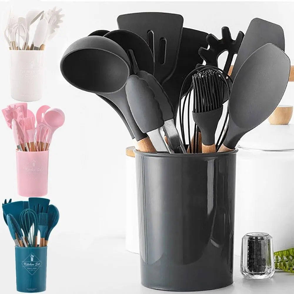 Hihg Quality 12 pcs Silicone Kitchen Utensil Set With Wooden Handles Heat Resistance BPA Free non stick Cooking Tools