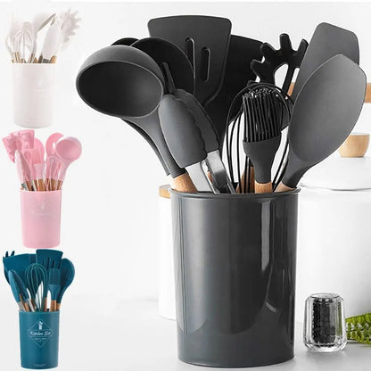 Hihg Quality 12 pcs Silicone Kitchen Utensil Set With Wooden Handles Heat Resistance BPA Free non stick Cooking Tools